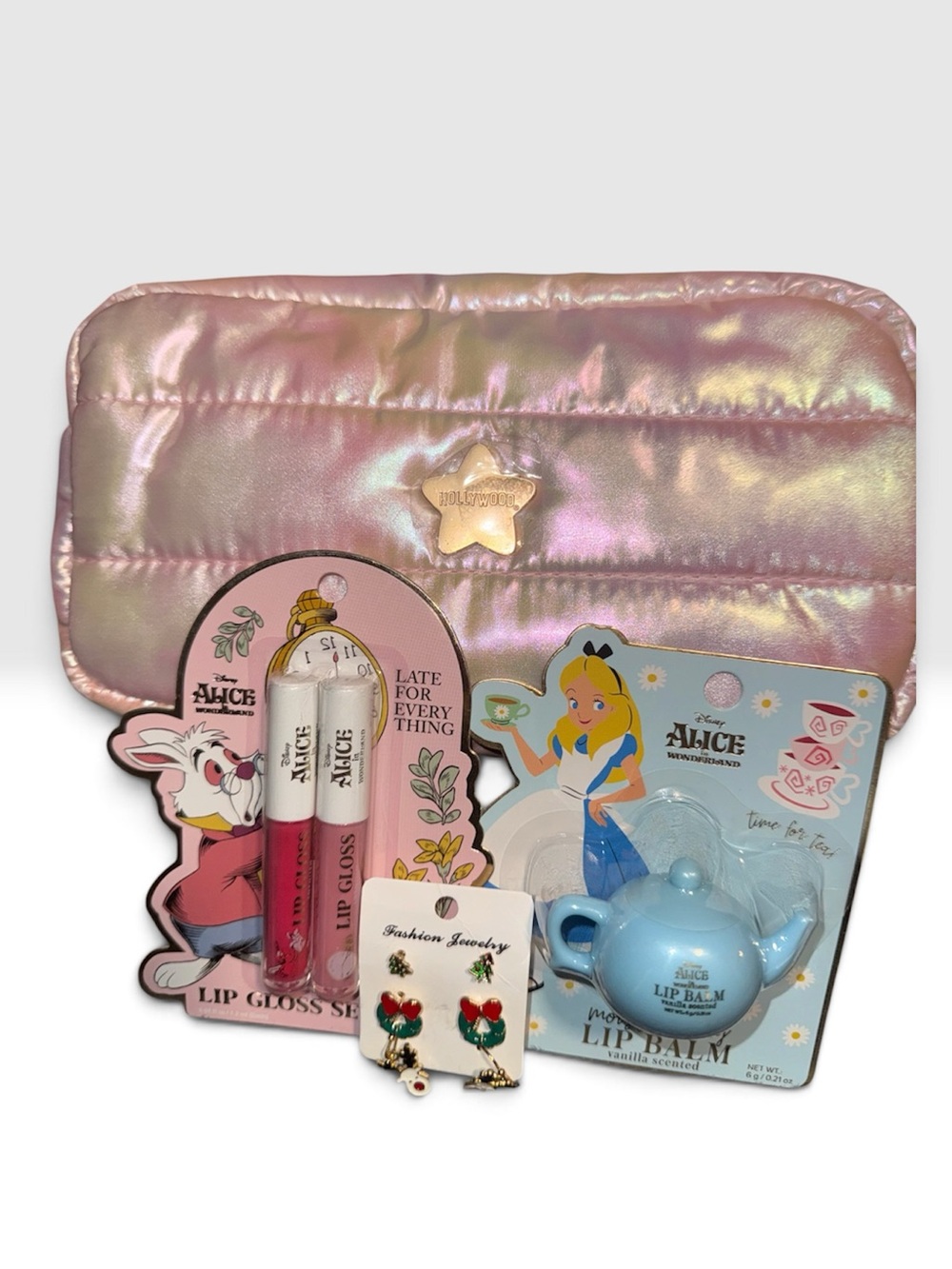 Disney Alice in Wonderland Pink creme shop Bag & Lip Set with earring
